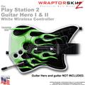 PS2 Guitar Hero I & II White Wireless Metal Flames Green Skin