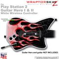 PS2 Guitar Hero I & II White Wireless Metal Flames Red Skin